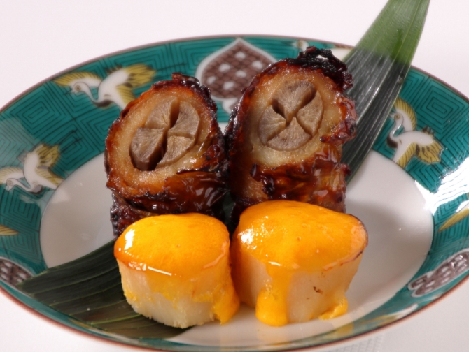 穴子八幡巻、帆立黄身焼